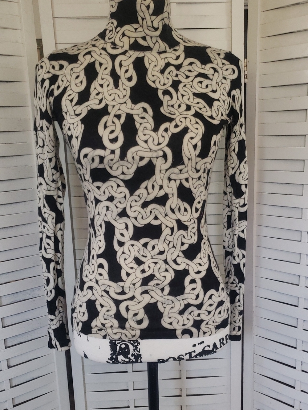 Diane Von Fustenberg Black & Cream Print Long Sleeve Turtleneck Top Size XS